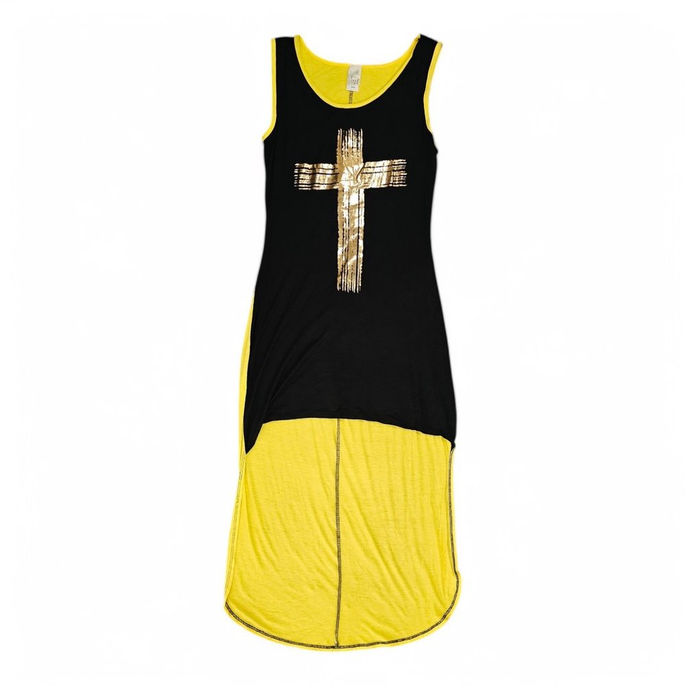 Women's Edgy High-Low Tank Dress – Black & Yellow Gold Cross Graphic
